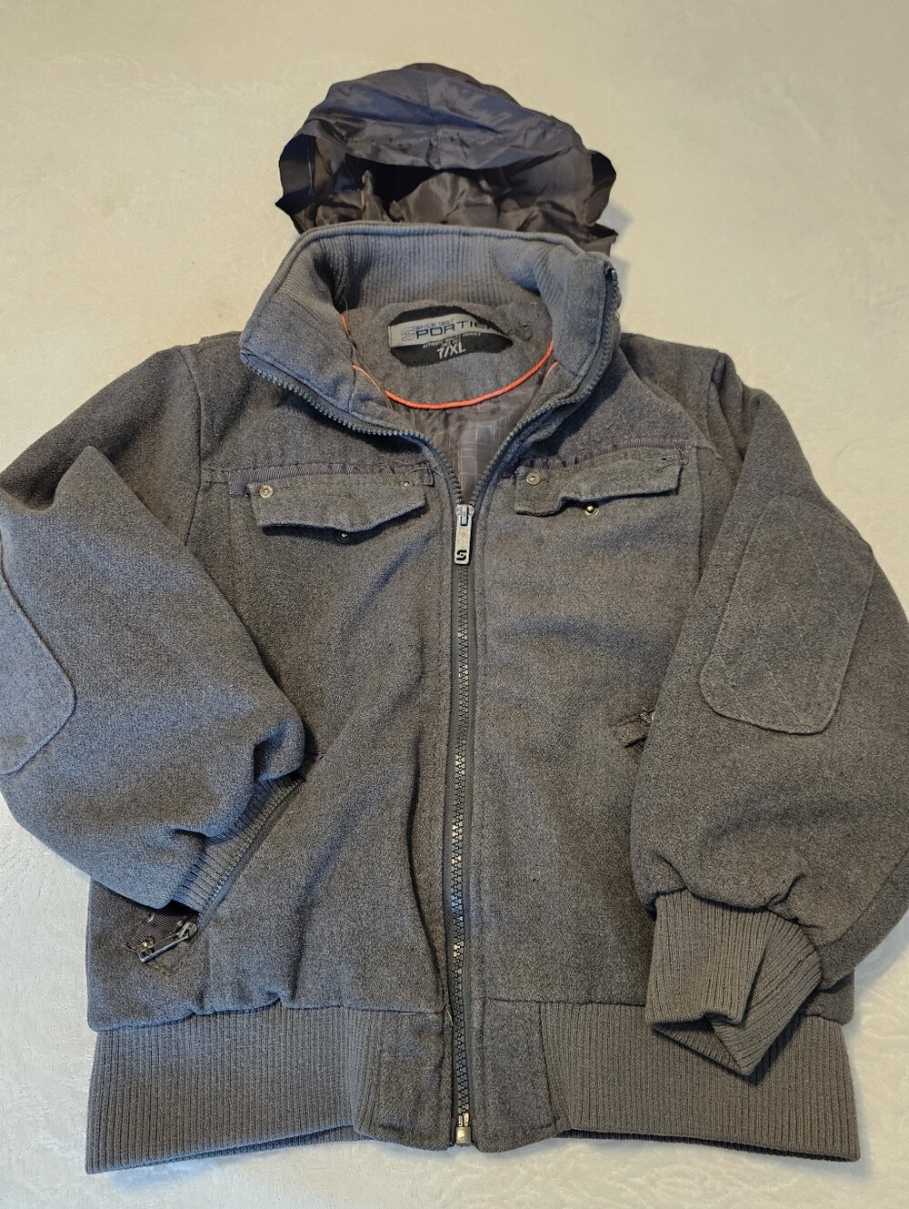 Sportier 1957 Boys Wool Blend Bomber Jacket Grey Tactical Hooded Coat 7/ XL Euc
